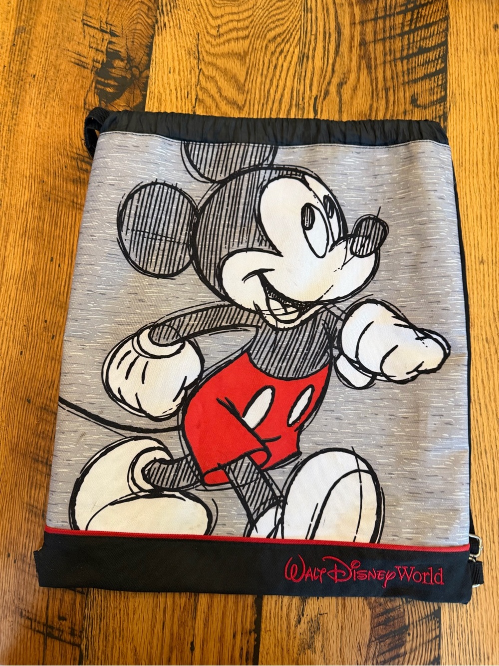 Walt Disney World Mickey Mouse Drawstring Backpack Gray Red Cinch Sack Bag Vinyl